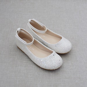 White Rock Glitter ballet flats with Ankle Strap - Flower girl shoes, Girls Shoes, Infant and Toddler Shoes, Holiday Shoes