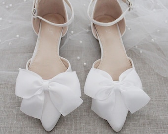 White Satin Pointy Toe Flats with Front Satin Bow, Wedding Shoes, Bride Shoes, Bridesmaids Shoes