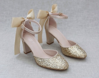 Gold Rock Glitter blokhak met satijnen strik op de achterkant, herfsttrouwschoenen, bruidsmeisjesschoenen, bruidsschoenen, bruidshakken, vakantieschoenen