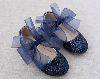 Navy Blue Rock Glitter Maryjane with CHIFFON BOW for flower girls, toddler girl, holiday shoes, fall wedding shoes