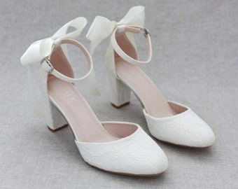 Ivory Lace Block Heel With SATIN BACK BOW, Women Wedding Shoes