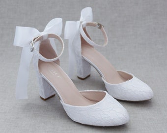 White Lace Block Heel with SATIN BACK BOW, Women Wedding Shoes, Bridesmaids Shoes, Bridal Shoes, Bridal Heels, Bride Pumps