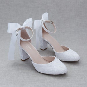 White Lace Block Heel with SATIN BACK BOW, Women Wedding Shoes, Bridesmaids Shoes, Bridal Shoes, Bridal Heels, Bride Pumps