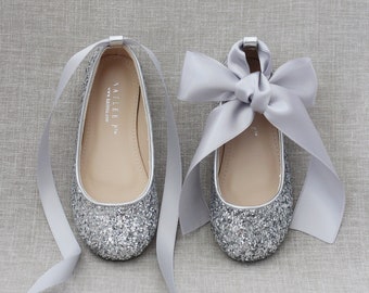 Silver rock glitter ballet flats with Satin Ankle Tie or Ballerina Lace Up - Flower Girls Shoes, Holiday Shoes, Infant and Toddler Shoes