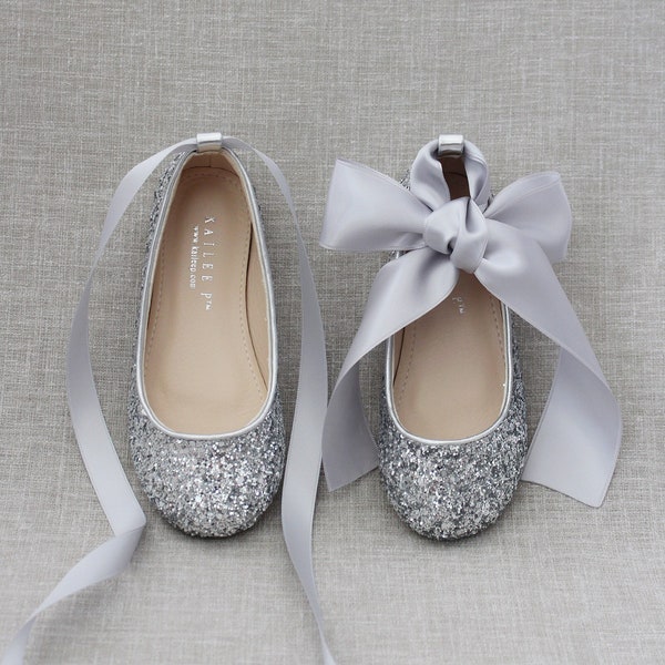 Silver rock glitter ballet flats with Satin Ankle Tie or Ballerina Lace Up - Flower Girls Shoes, Holiday Shoes, Infant and Toddler Shoes