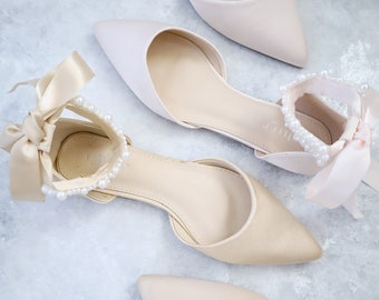 Satin Pointy Toe Evening Flats with Perla Ankle Strap, Women Evening Shoes, Bridal Shoes, Bridal Flats, Bridesmaids Shoes