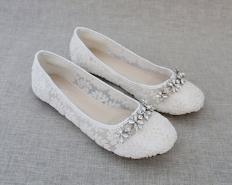 White Crochet Lace Round Toe Flats with FLORAL RHINESTONES - Women Wedding Shoes, Bridesmaid Shoes, Bridal Shoes, White Lace Shoes