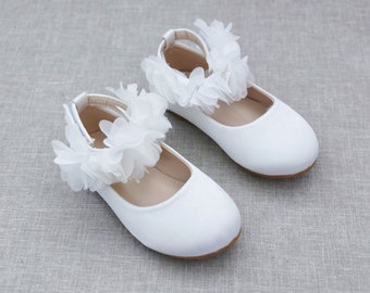 White Satin Flats with Chiffon Flowers Ankle Strap -  perfect for weddings, flower girls shoes - baptism shoes, communion shoes