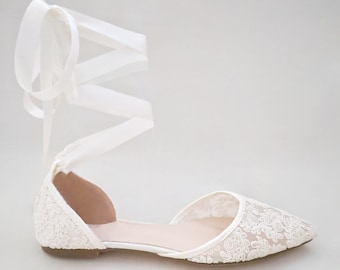 Chaussures plates à bout pointu en dentelle au crochet ivoire - Chaussures de mariage pour femme, chaussures de demoiselle d'honneur, chaussures plates pour la mariée, chaussures plates pour mariage, chaussures en dentelle pour la mariée, chaussures pour la mariée