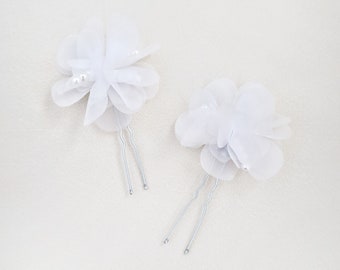 White Chiffon Pearl Flower Hair Pin, Bridal Hair Accessories, Wedding Hair Pin, Bridesmaids Gift, Flower Hair Accessories