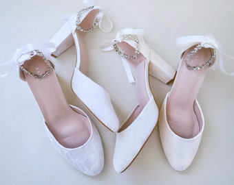 Lace Block Heel with Amaryllis Crystal Strap, Women Wedding Shoes, Bridesmaids Shoes, Bridal Shoes, Bridal Heels, Bride Pumps