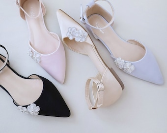 Satin Pointy Toe Evening Flats with Rhinestones Chassia Flower, Fall Wedding Shoes, Bridal Shoes, Bridesmaids Shoes, Bridal Flats