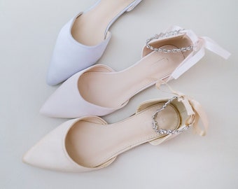 Satin Pointy Toe Evening Flats with Amaryllis Strap, Fall Wedding Shoes, Satin Shoes, Bridal Shoes, Bridesmaids Shoes, Bridal Flats