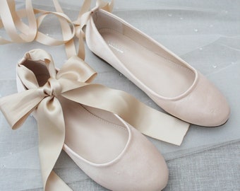 Women Shoes | Champagne Satin Flats with Satin Ankle Tie or Ballerina Lace Up - Bridal Shoes, Fall Wedding Shoes, Jr. Bridesmaids Shoes