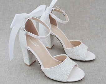 White Rock Glitter Block Heel Sandals with SATIN BACK BOW - Women Wedding Shoes, Bridesmaids Shoes, Bridal Shoes, Holiday Shoes