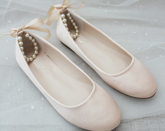 Women Shoes | Champagne Satin Flats with Pearls Ankle Strap - Fall Wedding Shoes, Bridesmaids Shoes, Holiday Shoes, Bridal Shoes