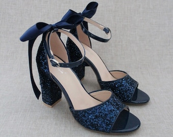 Navy Rock Glitter Block Heel Sandals with BACK BOW - Fall Wedding Shoes, Bridesmaids Shoes, Bridal Shoes, Holiday Shoes