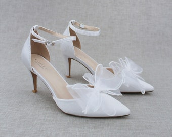 White Satin Pointy Toe Heels with Layered Organza Bow and Ankle Strap, Wedding Shoes, Bridesmaids Shoes, Evening Shoes, Holiday Shoes