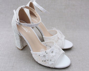 White & Ivory Crochet Lace Block Heel Sandals with Flower Applique - Women Wedding Shoes, Bridesmaids Shoes, Bridal Shoes