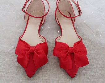 Red Satin Pointy Toe Flats with Front Satin Bow, Wedding Shoes, Bride Shoes, Bridesmaids Shoes, Red Holiday Shoes
