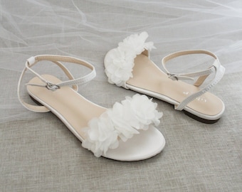 White Satin Flat Sandal with CHIFFON FLOWERS, Bridesmaid Shoes, Women Sandals, Kids Sandals, Mommy and Me Shoes