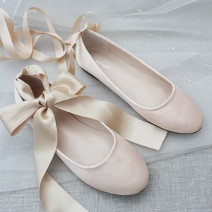 Women Shoes | Champagne Satin Flats with Satin Ankle Tie or Ballerina Lace Up - Bridal Shoes, Fall Wedding Shoes, Jr. Bridesmaids Shoes