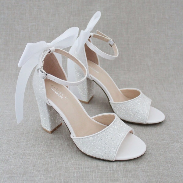 White Rock Glitter Block Heel Sandals with SATIN BACK BOW - Women Wedding Shoes, Bridesmaids Shoes, Bridal Shoes, Holiday Shoes