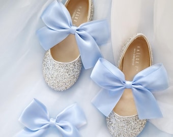 Silver Rock Glitter Mary Jane with Dusty Blue Satin Ribbon Bow - Flower Girl Shoes, Halloween shoes, Easter Shoes, Costume Shoes