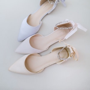 Satin Pointy Toe Evening Flats with Amaryllis Strap, Fall Wedding Shoes, Satin Shoes, Bridal Shoes, Bridesmaids Shoes, Bridal Flats