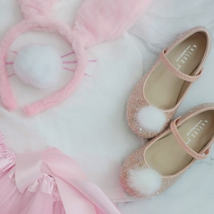 BUNNY INSPIRED Costume Shoes - Dusty Pink Rock Glitter Mary Jane with Faux Fur Puff for Girls Costume Shoes, Halloween Shoes