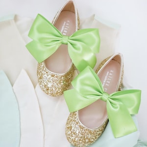 Gold Rock Glitter Mary Jane with Apple Green Satin Bow, for Halloween Costume Shoes, Girls Shoes, Birthday Shoes