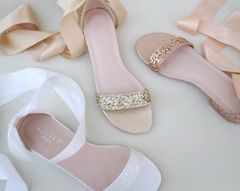 Rock Glitter Low Block Heel Wedding Sandals with Wrapped Satin Tie, Bridal Sandals, Bridesmaids Shoes, Low Heels Sandals