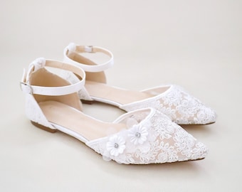 Zapatos planos puntiagudos de encaje de ganchillo blanco con apliques de flores - zapatos de boda para mujer, zapatos de dama de honor, zapatos planos de boda, zapatos de encaje nupcial