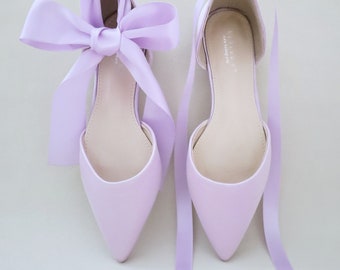 Lavender Satin Pointy Toe flats with Satin Ankle Tie or Ballerina Lace Up, Bridesmaids Shoes, Holiday Shoes, Party Shoes