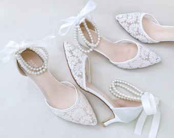 Crochet Lace Pointy Toe Wedding Low Heels with Double Pearls Strap Bridal Shoes, Bridal Low Heels, Kitten Heels, Pearl Wedding Shoes