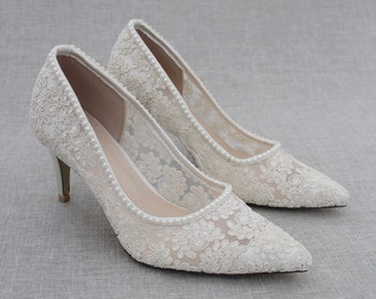 Ivory Crochet Pointy Toe PUMPS With MINI PEARLS, Women Wedding