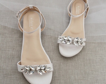 White Satin Flat Sandal with BUTTERFLY BROOCH, Bridesmaid Shoes, Women Sandals, Kids Sandals, Mommy and Me Shoes