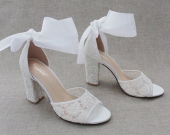 White & Ivory Crochet Lace Block Heel Sandals with Wrapped Ribbon Tie - Women Wedding Shoes, Bridesmaids Shoes, Bridal Shoes, Bridal Heels