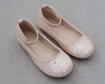 Dusty Pink rock glitter ballet flats with Ankle Strap - Flower Girl Shoes, Girls Shoes, Holiday Shoes, Birthday Shoes