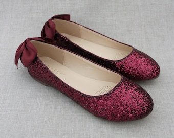 Burgundy Rock Glitter Flats with Back Satin Bow - Fall Wedding Shoes, Bridesmaids Shoes, Women Flats, Wedding Shoes, Holiday Shoes