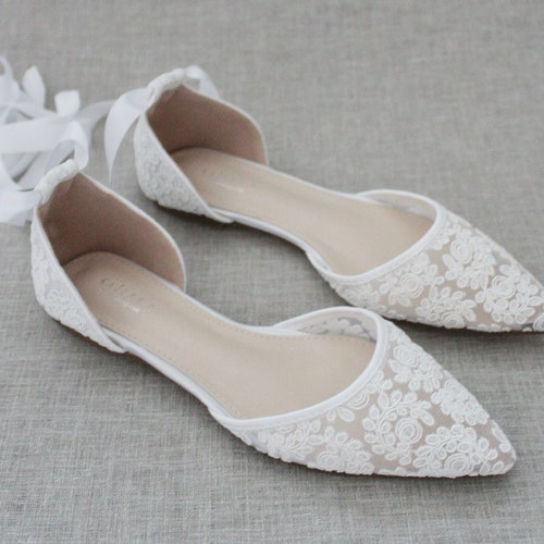 White Crochet Lace Pointy Toe Flats - Women Wedding Shoes, Bridesmaid Shoes, Bridal Flats, Wedding Flats, Bridal Lace Shoes, Bride Shoes