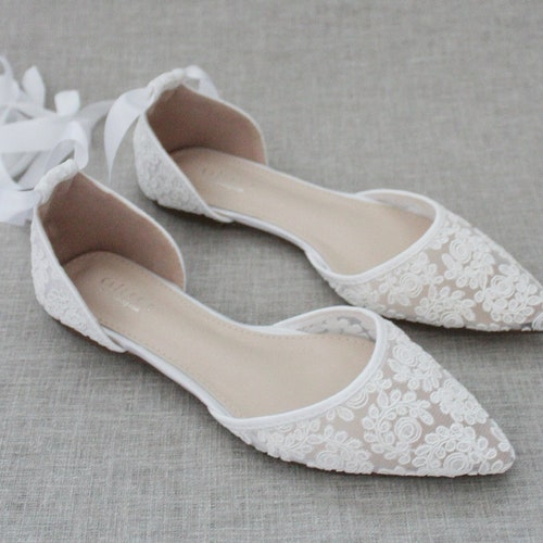 White Crochet Lace Pointy Toe Flats With MINI PEARLS Women - Etsy