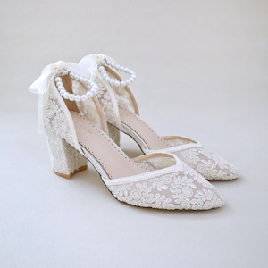 Ivory Crochet Lace Almond Toe Block Heel with Pearl Ankle Strap - Women Wedding Shoes, Bridesmaids Shoes, Bridal Shoes, Block Heels