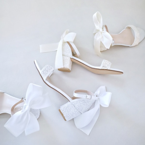 Crochet Lace Block Heel Wedding Sandals with Satin Back Bow - Bridesmaid Shoes, Jr. Bridesmaids Shoes, Women Sandals, Bridal Shoes