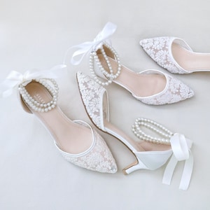 Crochet Lace Pointy Toe Wedding Low Heels with Double Pearls Strap Bridal Shoes, Bridal Low Heels, Kitten Heels, Pearl Wedding Shoes