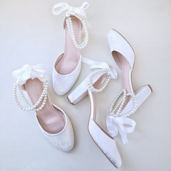 Lace Block Heel with Double Pearls Ankle Strap, Women Wedding Shoes, Bridesmaids Shoes, Bridal Shoes, Bridal Heels, Bride Pumps