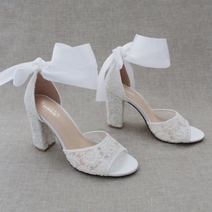 White & Ivory Crochet Lace Block Heel Sandals with Wrapped Ribbon Tie - Women Wedding Shoes, Bridesmaids Shoes, Bridal Shoes, Bridal Heels