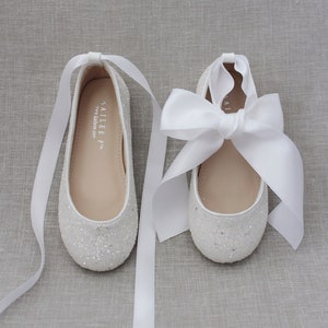 White rock glitter ballet flats with Satin Ankle Tie or Ballerina Lace Up - Flower girl shoes, Holiday Shoes, Infant and Toddler Shoes