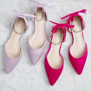 Satin Pointy Toe Evening Flats with Amaryllis Strap, Bridesmaids Shoes, Holiday Shoes, Party Shoes, Fall Wedding Shoes