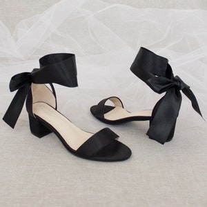 Black Satin Block Heel Sandal With WRAPPED SATIN TIE, Bridesmaid Shoes ...
